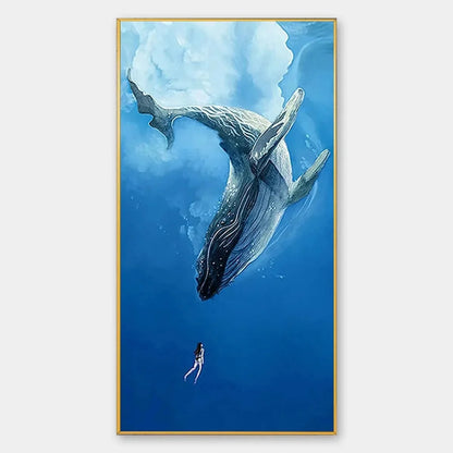 WHALE ENCOUNTER: Majestic Whale and Diver Painting, Vertical Wall Art | hanging in living room, Abstract wall art