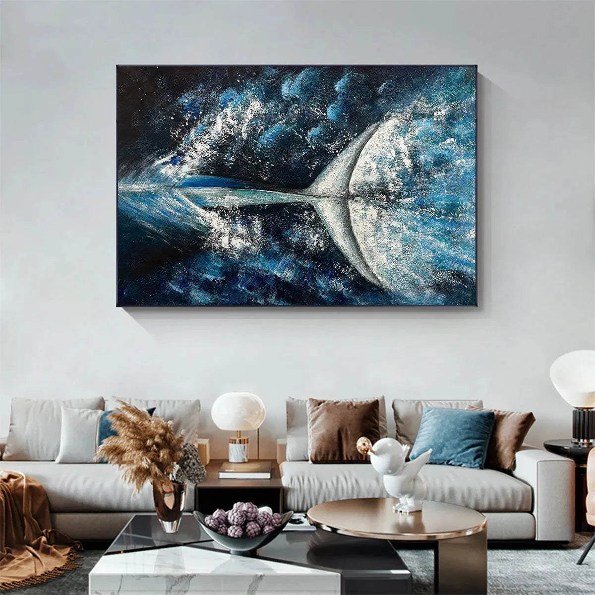 WHALE'S GRACE: Textured Whale Tail Painting, Ocean Animal Art, Blue, Living Room, Bedroom, Office | Abstract closeup, raised brushwork detail