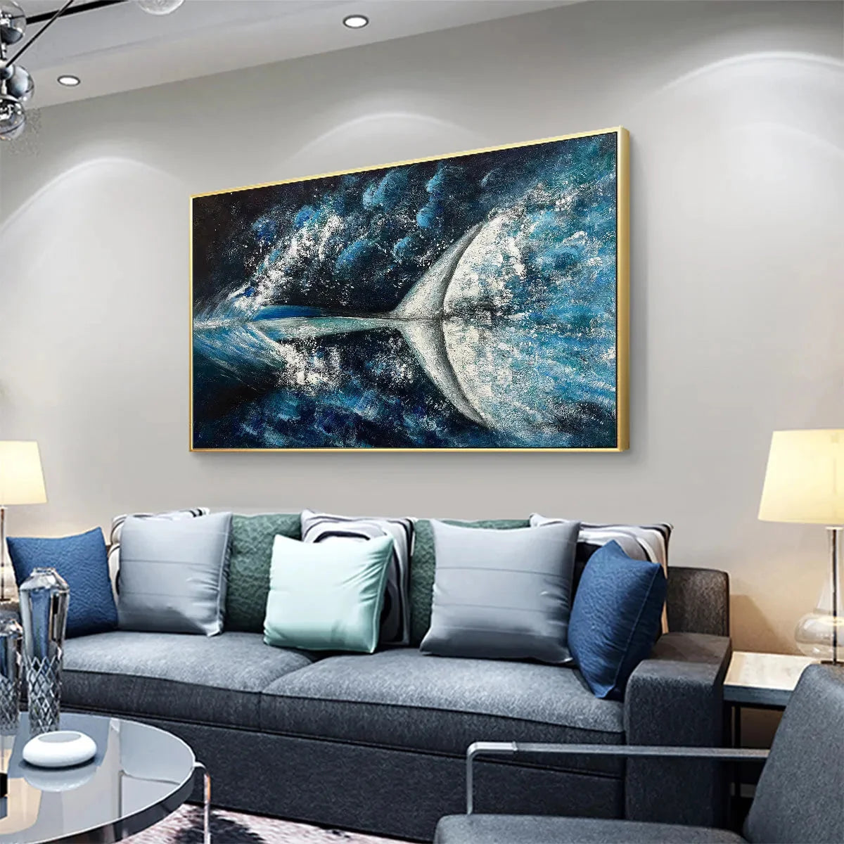 WHALE'S GRACE: Textured Whale Tail Painting, Ocean Animal Art, Blue, Living Room, Bedroom, Office | gold frame stretched on neutral wall