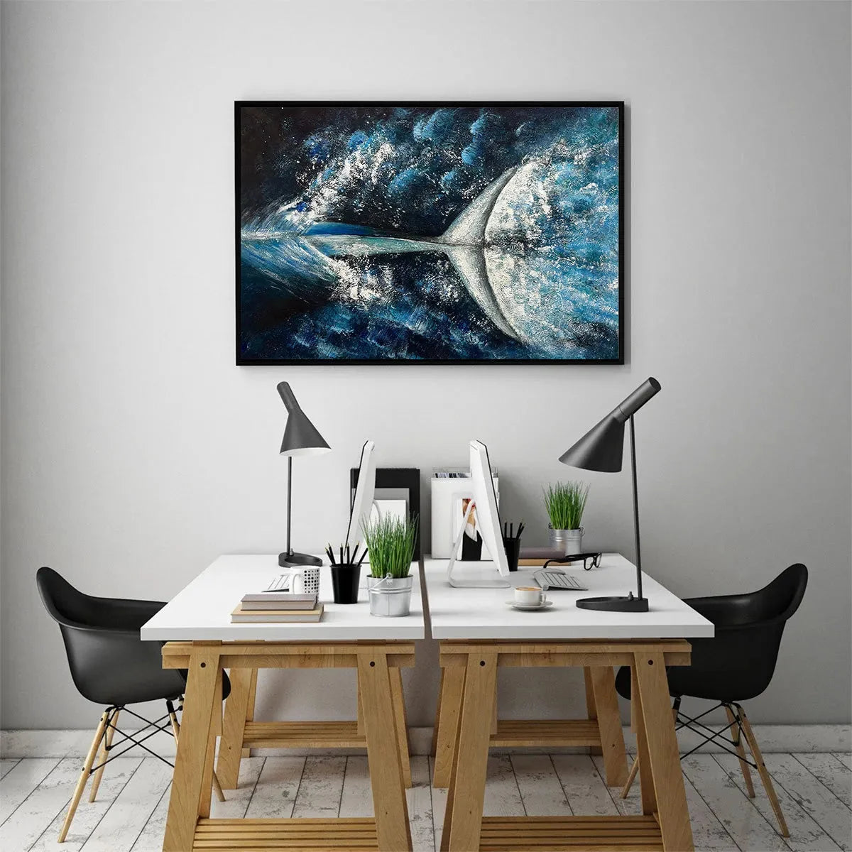WHALE'S GRACE: Textured Whale Tail Painting, Ocean Animal Art, Blue, Living Room, Bedroom, Office | black frame version on white wall