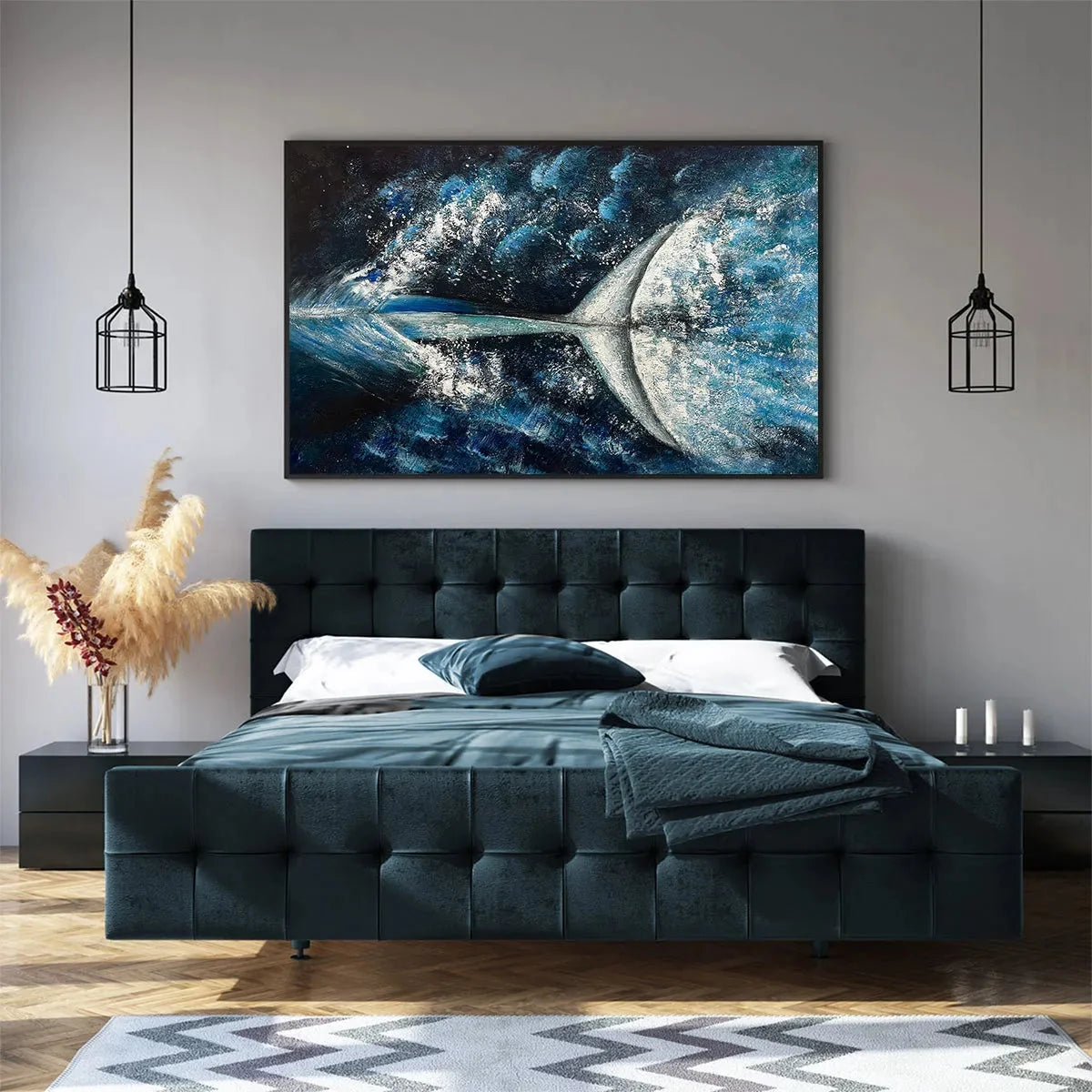WHALE'S GRACE: Textured Whale Tail Painting, Ocean Animal Art, Blue, Living Room, Bedroom, Office | Abstract mood, soft natural light studio shot