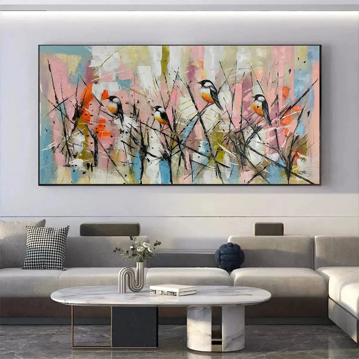 WHIMSICAL BIRDS: Panoramic Painting of Birds on Branches, Pastel Colors, Modern Wall Art, Pink, Blue | Figurative closeup, raised brushwork detail