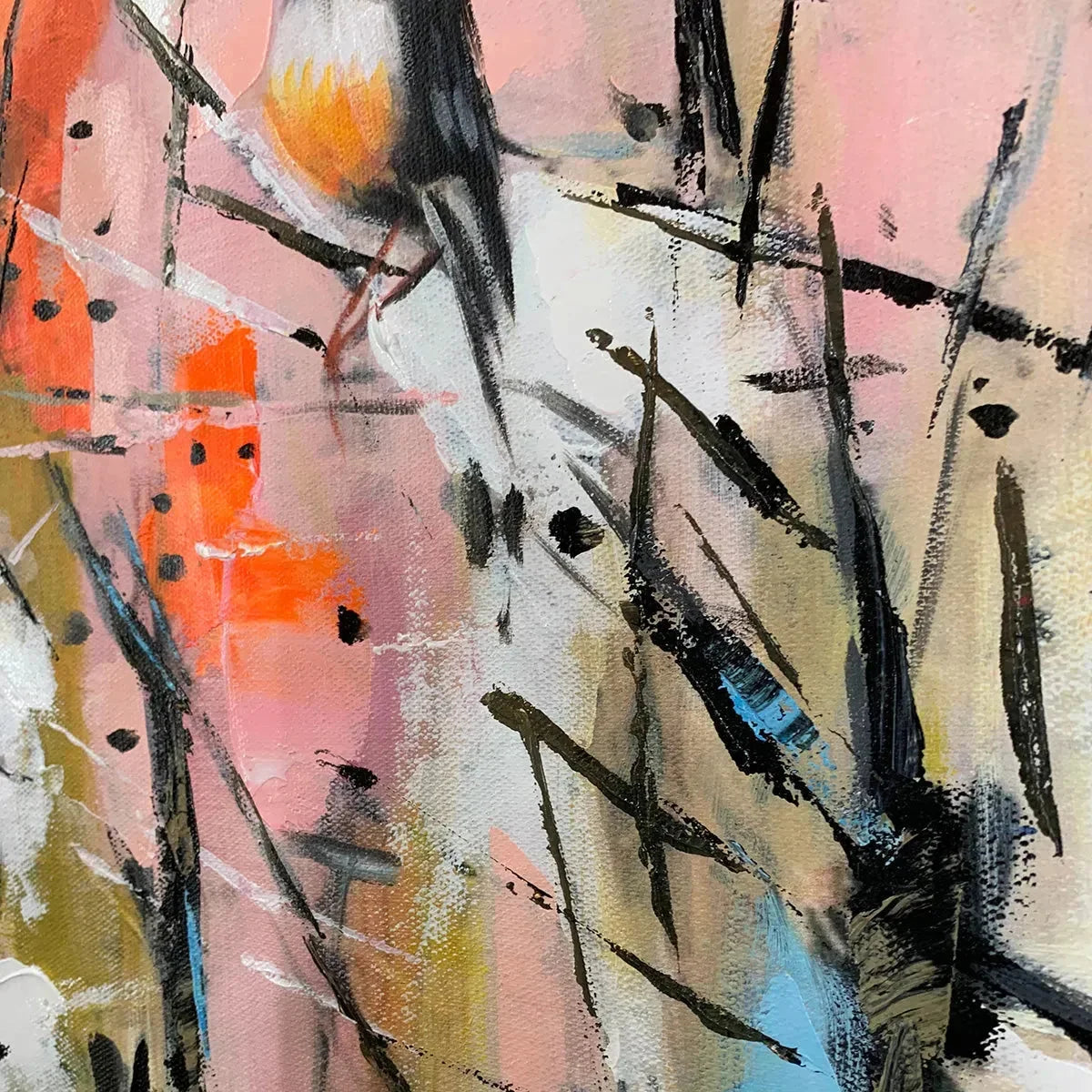 WHIMSICAL BIRDS: Panoramic Painting of Birds on Branches, Pastel Colors, Modern Wall Art, Pink, Blue | rectangular format, hand-painted canvas edge