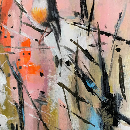 WHIMSICAL BIRDS: Panoramic Painting of Birds on Branches, Pastel Colors, Modern Wall Art, Pink, Blue | rectangular format, hand-painted canvas edge