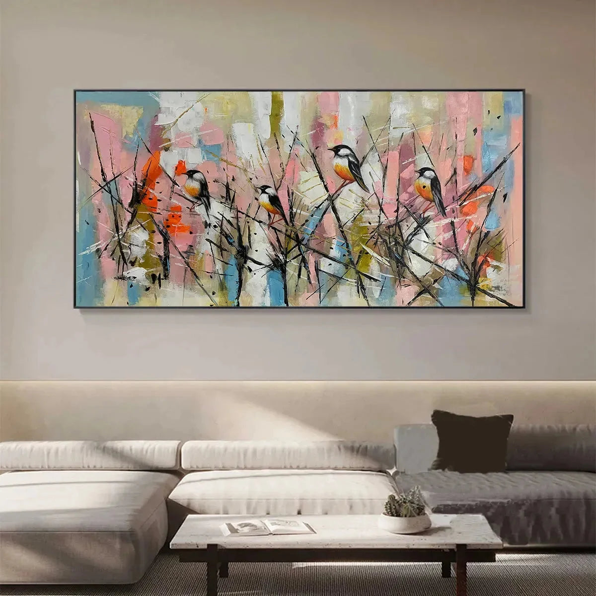 WHIMSICAL BIRDS: Panoramic Painting of Birds on Branches, Pastel Colors, Modern Wall Art, Pink, Blue | gold frame stretched on neutral wall