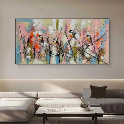 WHIMSICAL BIRDS: Panoramic Painting of Birds on Branches, Pastel Colors, Modern Wall Art, Pink, Blue | gold frame stretched on neutral wall