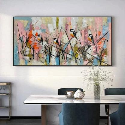 WHIMSICAL BIRDS: Panoramic Painting of Birds on Branches, Pastel Colors, Modern Wall Art, Pink, Blue | rolled canvas, ready for custom framing