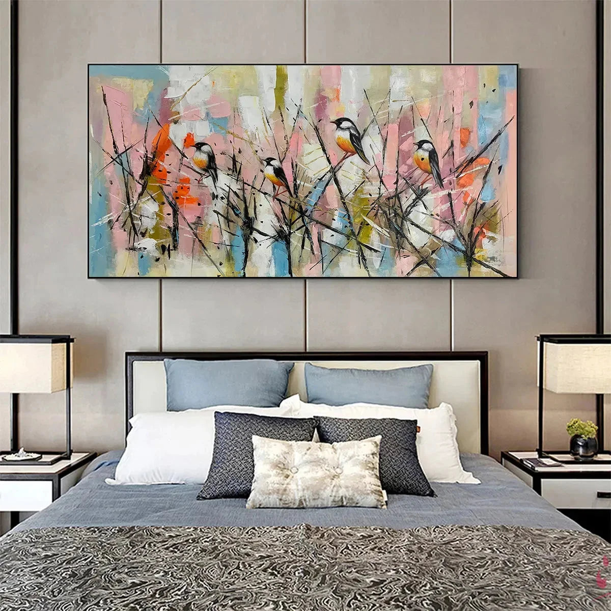 WHIMSICAL BIRDS: Panoramic Painting of Birds on Branches, Pastel Colors, Modern Wall Art, Pink, Blue | black frame version on white wall
