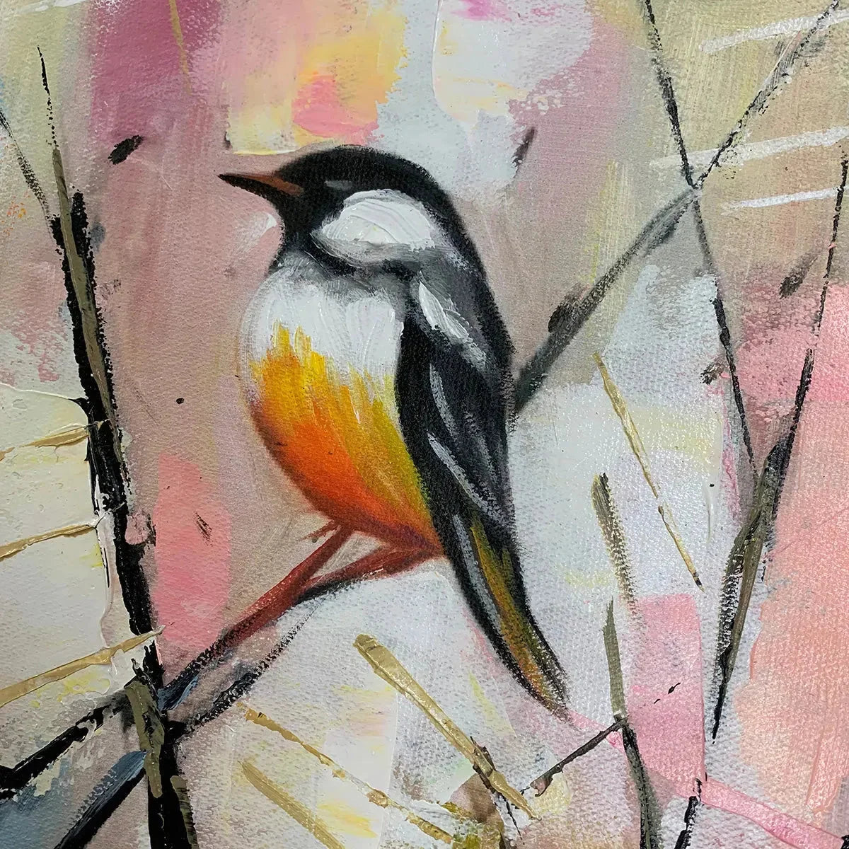 WHIMSICAL BIRDS: Panoramic Painting of Birds on Branches, Pastel Colors, Modern Wall Art, Pink, Blue | Figurative mood, soft natural light studio shot