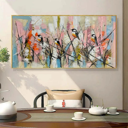 WHIMSICAL BIRDS: Panoramic Painting of Birds on Branches, Pastel Colors, Modern Wall Art, Pink, Blue | multi-color palette, original oil on stretched canvas art