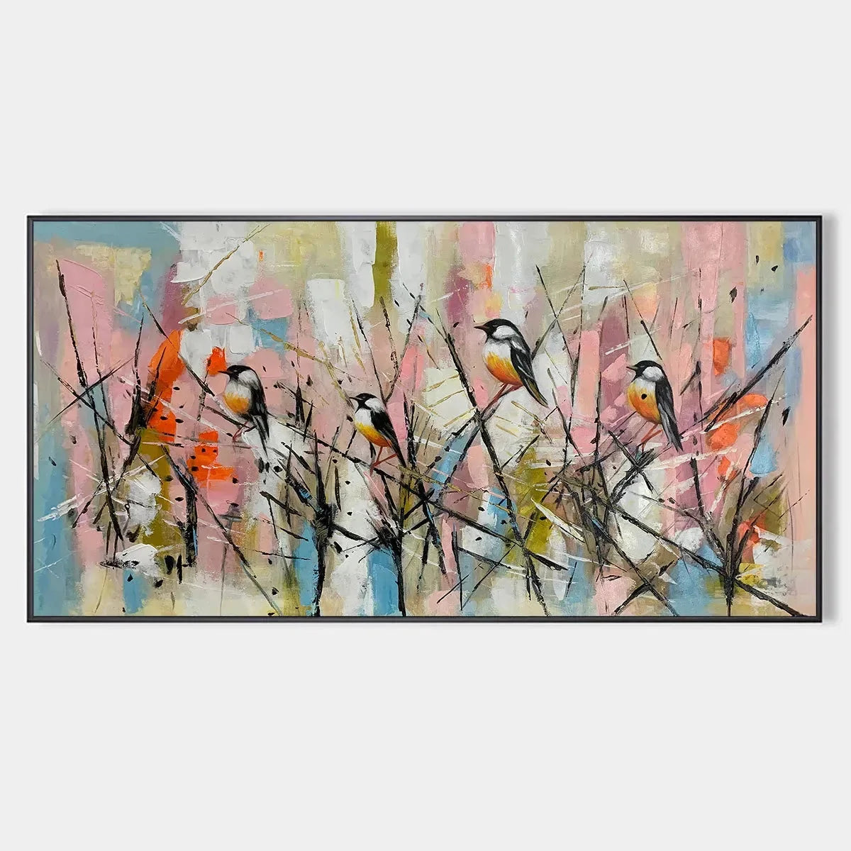 WHIMSICAL BIRDS: Panoramic Painting of Birds on Branches, Pastel Colors, Modern Wall Art, Pink, Blue | hanging in living room, Figurative wall art