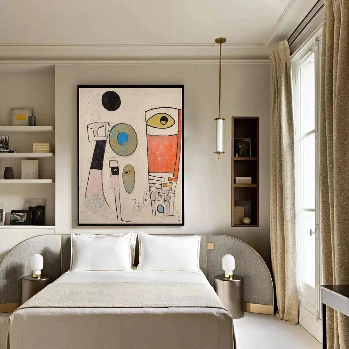 WHIMSICAL FORMS: Colorful Abstract Painting, Vertical Wall Art | black frame version on white wall
