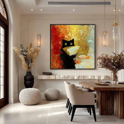 THE MIDNIGHT SCHOLAR: Whimsical Textured Impasto Black Cat Painting | gold frame stretched on neutral wall