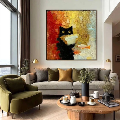 THE MIDNIGHT SCHOLAR: Whimsical Textured Impasto Black Cat Painting | black frame version on white wall