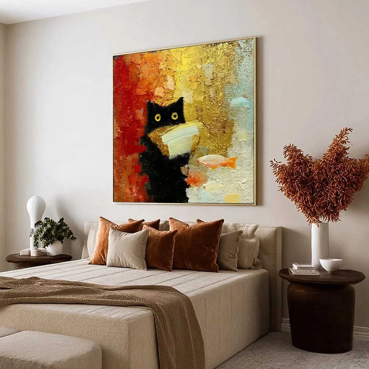 THE MIDNIGHT SCHOLAR: Whimsical Textured Impasto Black Cat Painting | Abstract mood, soft natural light studio shot