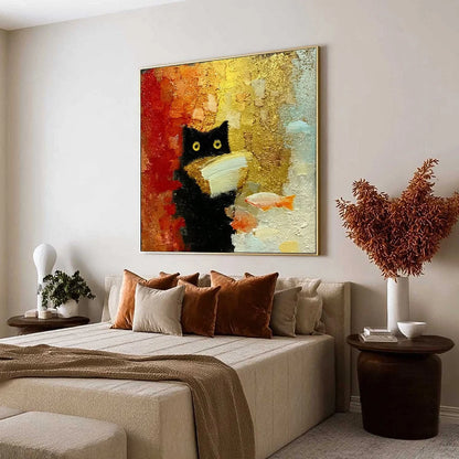 THE MIDNIGHT SCHOLAR: Whimsical Textured Impasto Black Cat Painting | Abstract mood, soft natural light studio shot