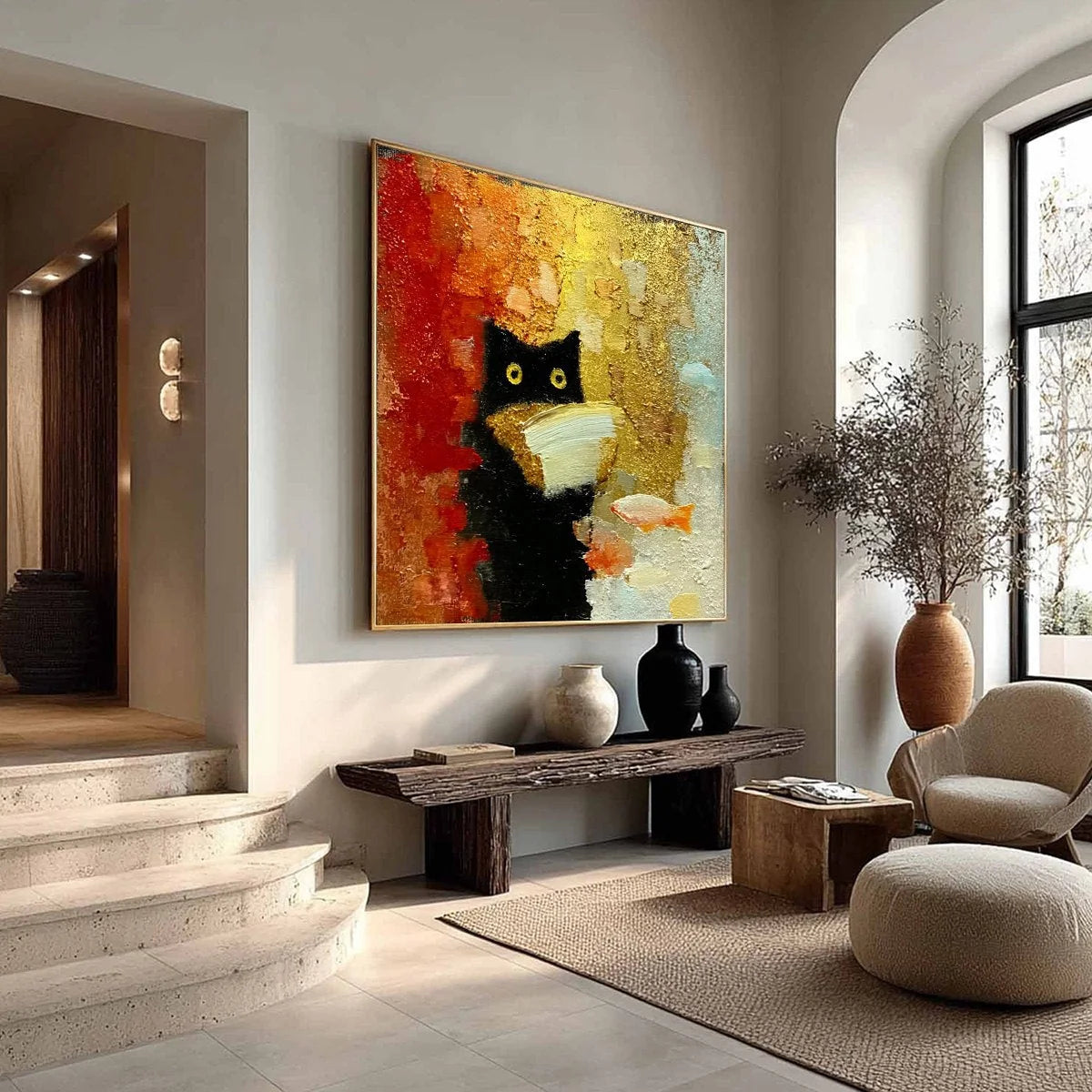 THE MIDNIGHT SCHOLAR: Whimsical Textured Impasto Black Cat Painting | multi-color palette, original oil on stretched canvas art