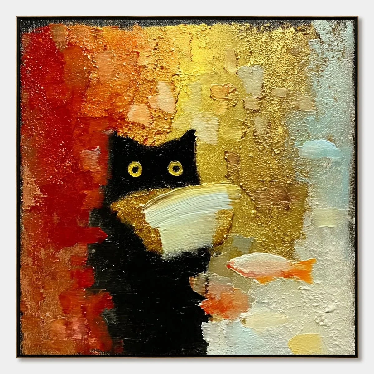 THE MIDNIGHT SCHOLAR: Whimsical Textured Impasto Black Cat Painting | hanging in living room, Abstract wall art
