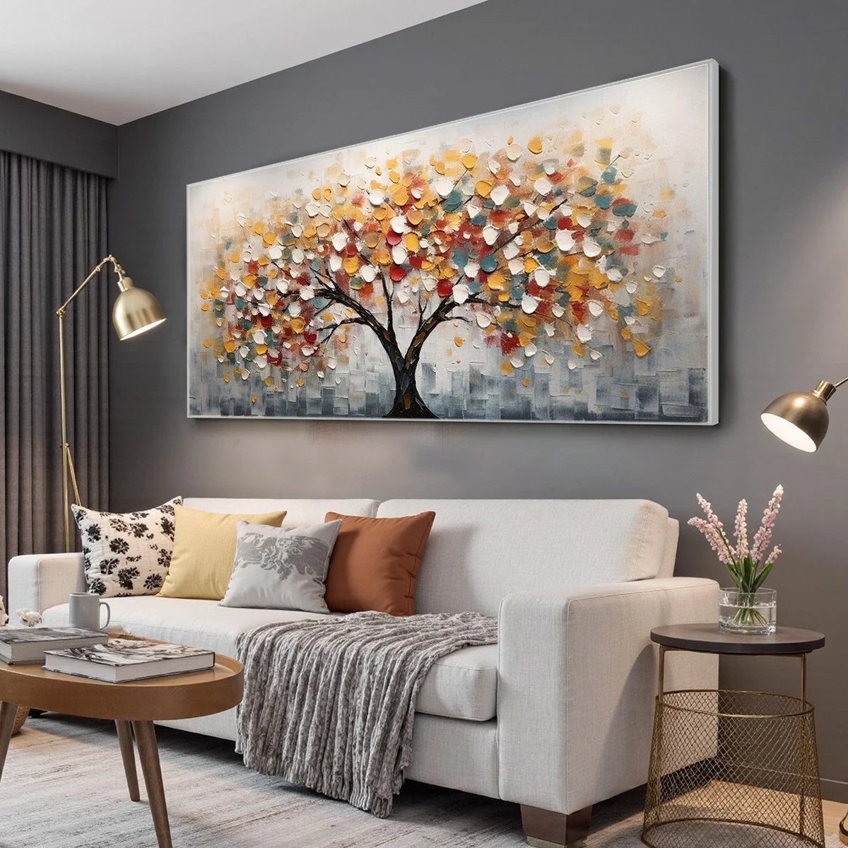 WHIMSICAL WONDER: Textured Panoramic Oil Painting | gold frame stretched on neutral wall