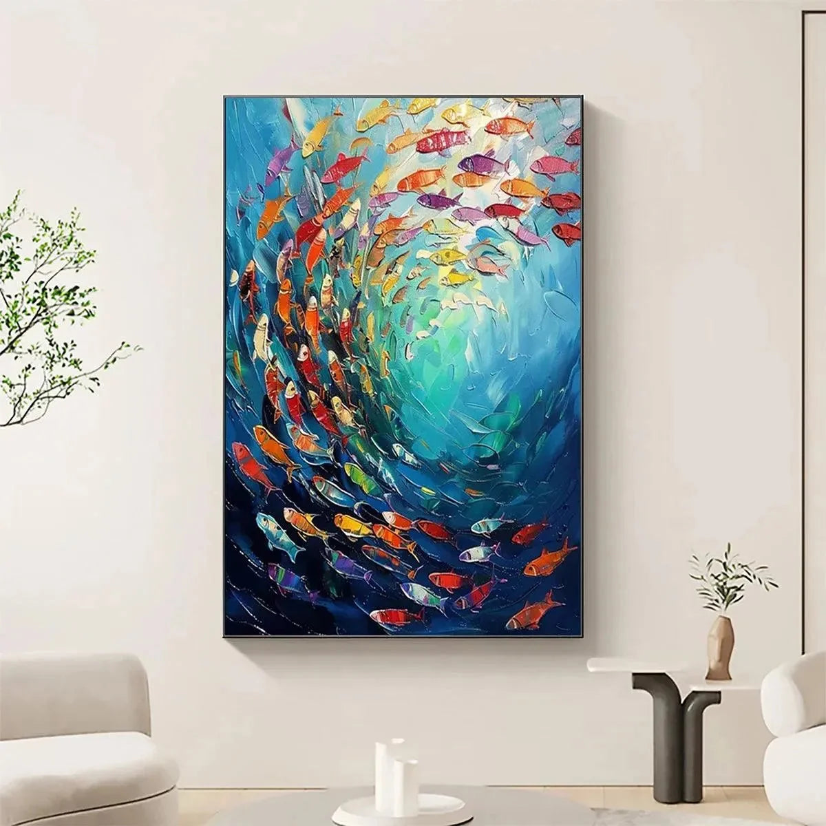 WHIRLPOOL OF FISH: Colorful School of Fish Painting | Abstract closeup, raised brushwork detail