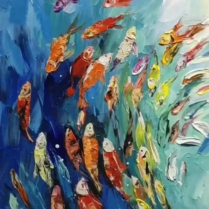 WHIRLPOOL OF FISH: Colorful School of Fish Painting | rectangular format, hand-painted canvas edge