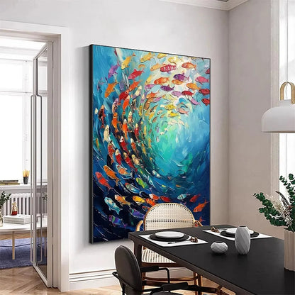 WHIRLPOOL OF FISH: Colorful School of Fish Painting | gold frame stretched on neutral wall