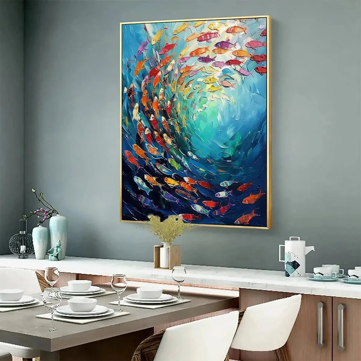 WHIRLPOOL OF FISH: Colorful School of Fish Painting | rolled canvas, ready for custom framing