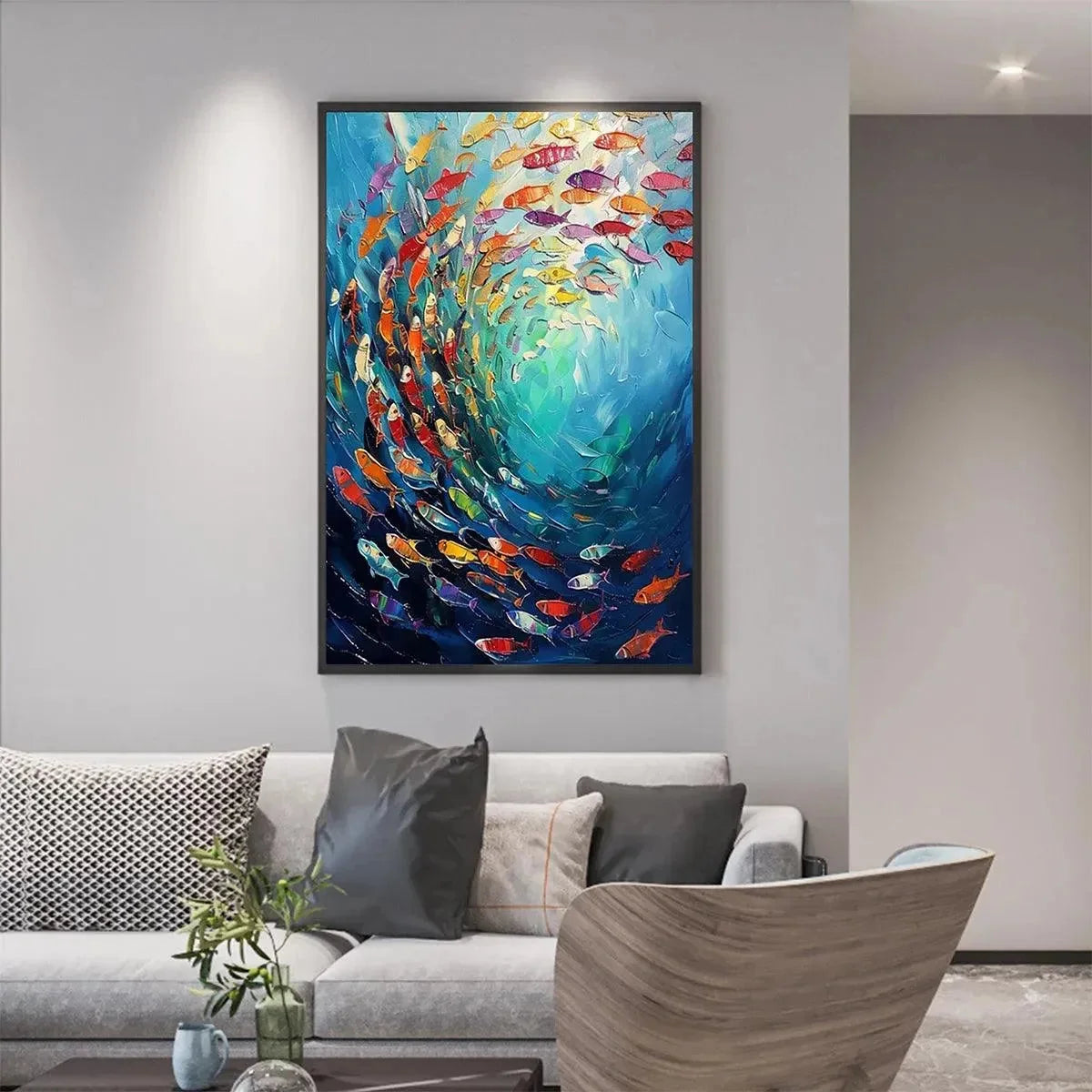 WHIRLPOOL OF FISH: Colorful School of Fish Painting | black frame version on white wall