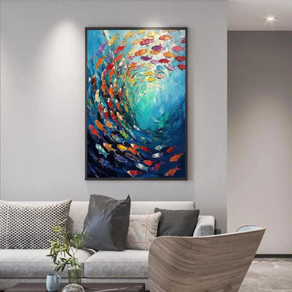 WHIRLPOOL OF FISH: Colorful School of Fish Painting | black frame version on white wall