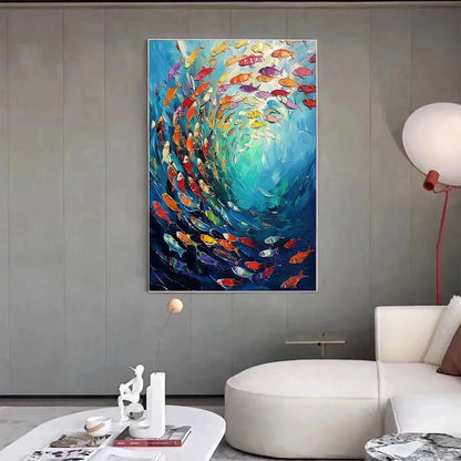 WHIRLPOOL OF FISH: Colorful School of Fish Painting | multi-color palette, original oil on stretched canvas art