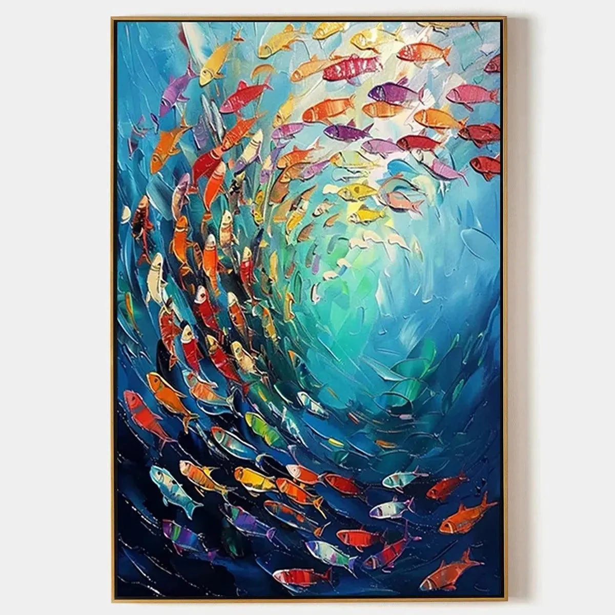 WHIRLPOOL OF FISH: Colorful School of Fish Painting | hanging in living room, Abstract wall art