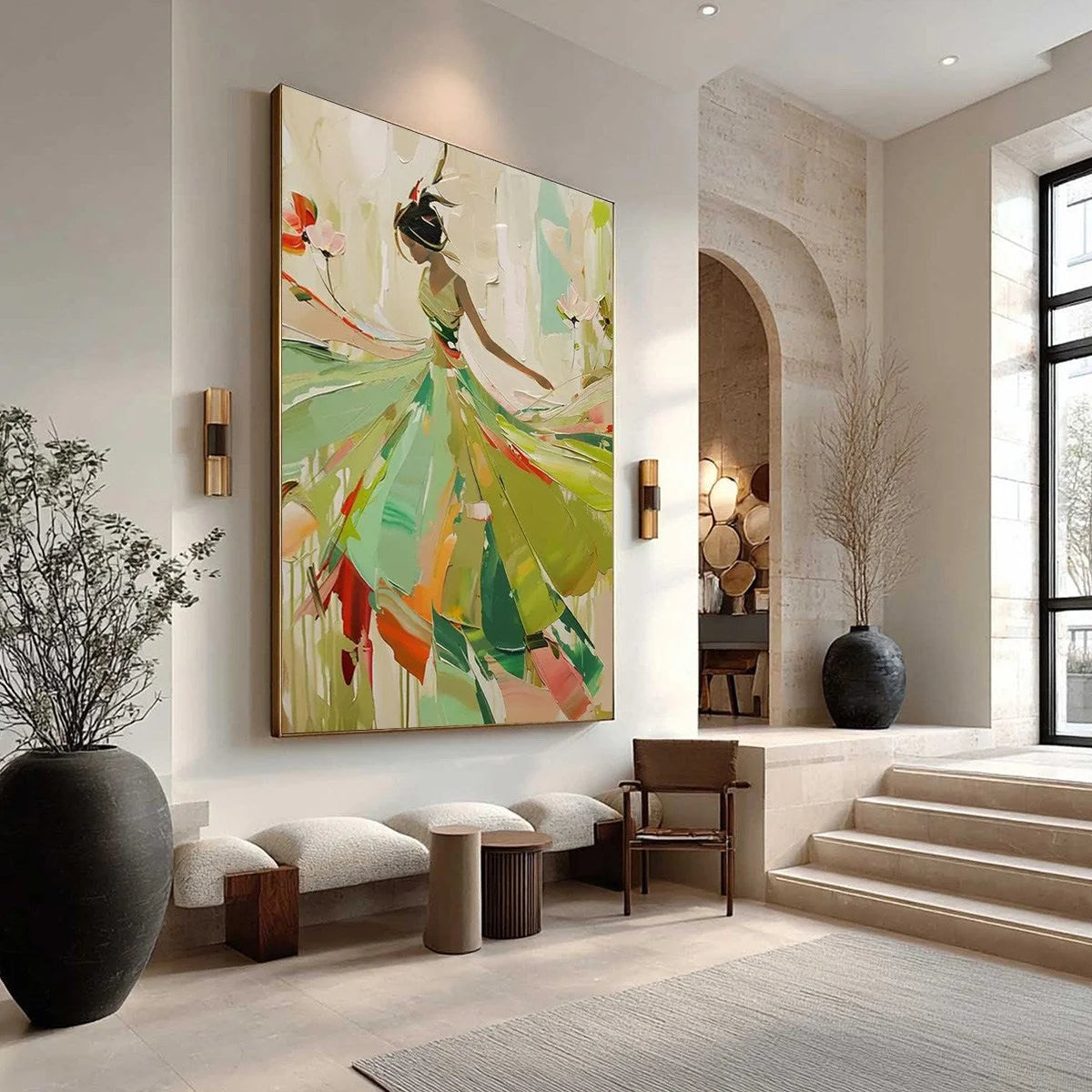 WHIRLWIND OF COLOR: Abstract Figurative Oil Painting of Dancer | gold frame stretched on neutral wall