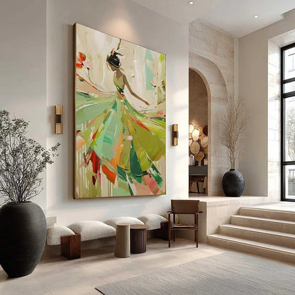 WHIRLWIND OF COLOR: Abstract Figurative Oil Painting of Dancer | gold frame stretched on neutral wall
