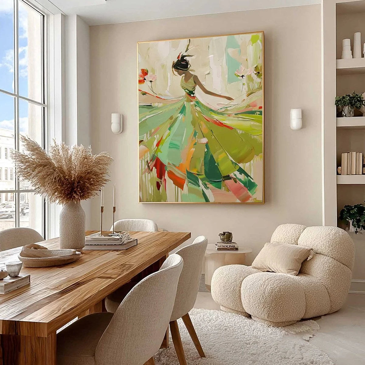 WHIRLWIND OF COLOR: Abstract Figurative Oil Painting of Dancer | black frame version on white wall