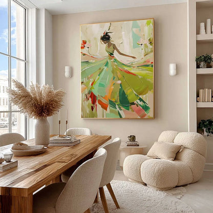 WHIRLWIND OF COLOR: Abstract Figurative Oil Painting of Dancer | black frame version on white wall