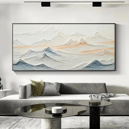 TRANQUIL PEAKS: Textured Abstract Mountain Landscape Painting in Beige and Blue | Abstract closeup, raised brushwork detail