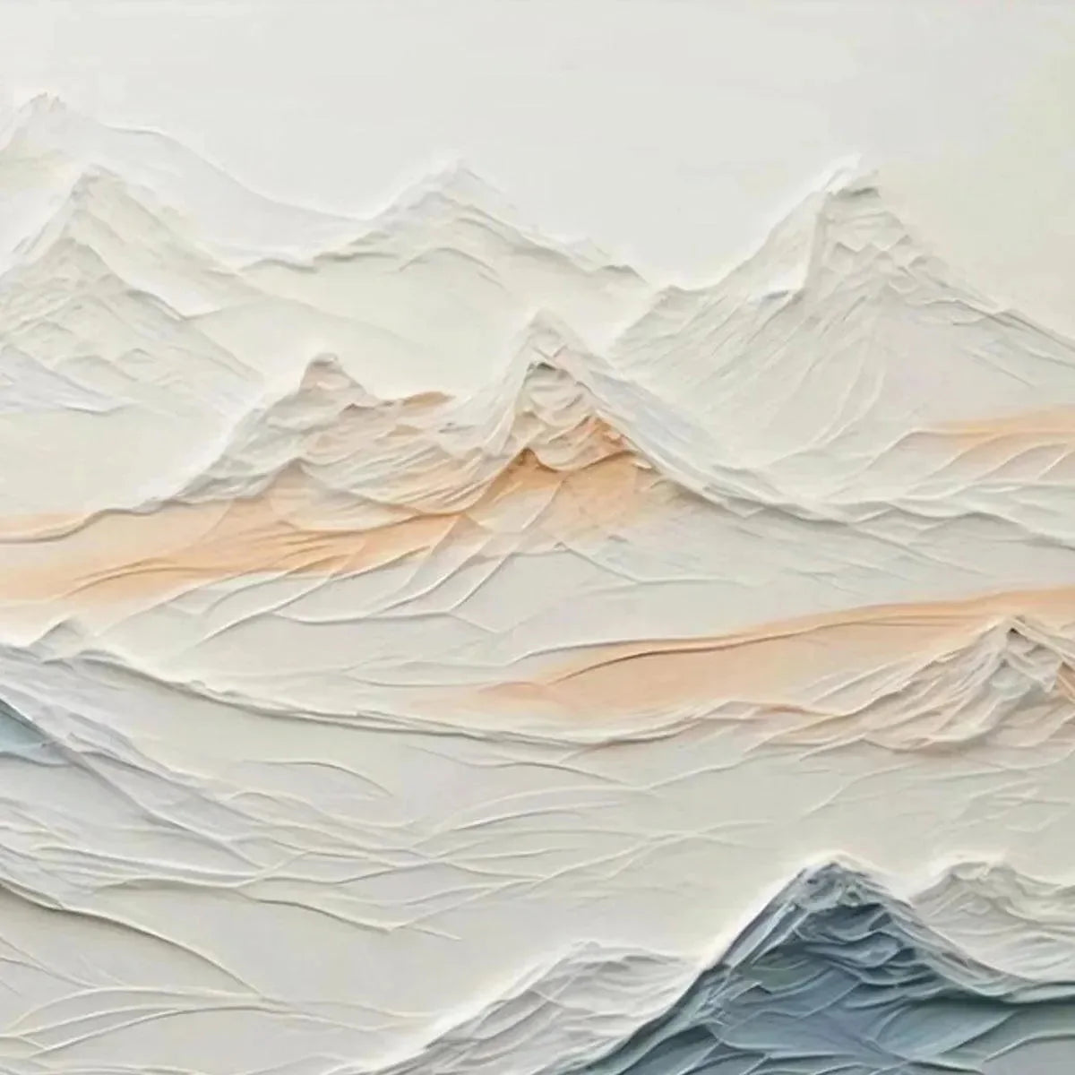 TRANQUIL PEAKS: Textured Abstract Mountain Landscape Painting in Beige and Blue | rectangular format, hand-painted canvas edge