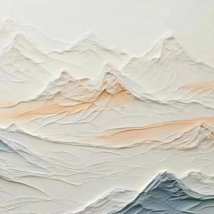 TRANQUIL PEAKS: Textured Abstract Mountain Landscape Painting in Beige and Blue | rectangular format, hand-painted canvas edge