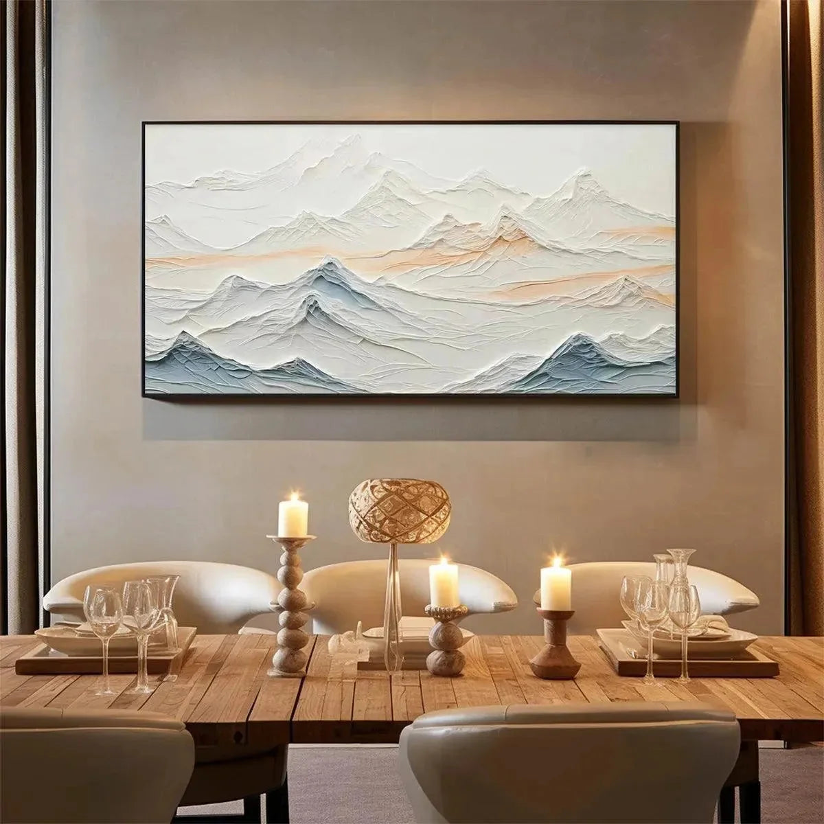 TRANQUIL PEAKS: Textured Abstract Mountain Landscape Painting in Beige and Blue | gold frame stretched on neutral wall