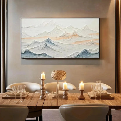 TRANQUIL PEAKS: Textured Abstract Mountain Landscape Painting in Beige and Blue | gold frame stretched on neutral wall