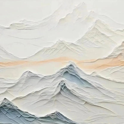 TRANQUIL PEAKS: Textured Abstract Mountain Landscape Painting in Beige and Blue | rolled canvas, ready for custom framing