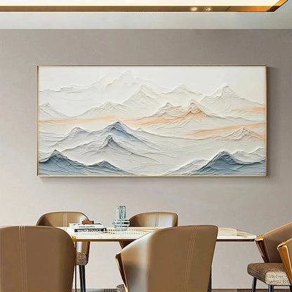 TRANQUIL PEAKS: Textured Abstract Mountain Landscape Painting in Beige and Blue | black frame version on white wall