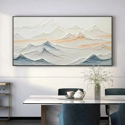 TRANQUIL PEAKS: Textured Abstract Mountain Landscape Painting in Beige and Blue | Abstract mood, soft natural light studio shot