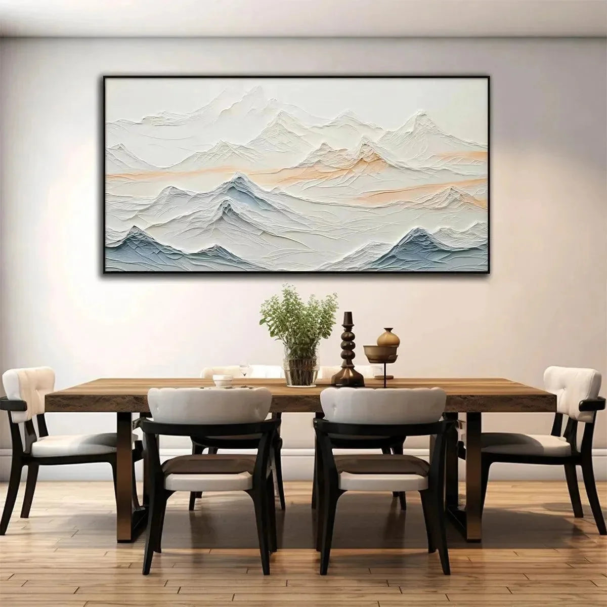 TRANQUIL PEAKS: Textured Abstract Mountain Landscape Painting in Beige and Blue | beige palette, original oil on stretched canvas art