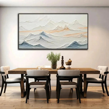 TRANQUIL PEAKS: Textured Abstract Mountain Landscape Painting in Beige and Blue | beige palette, original oil on stretched canvas art