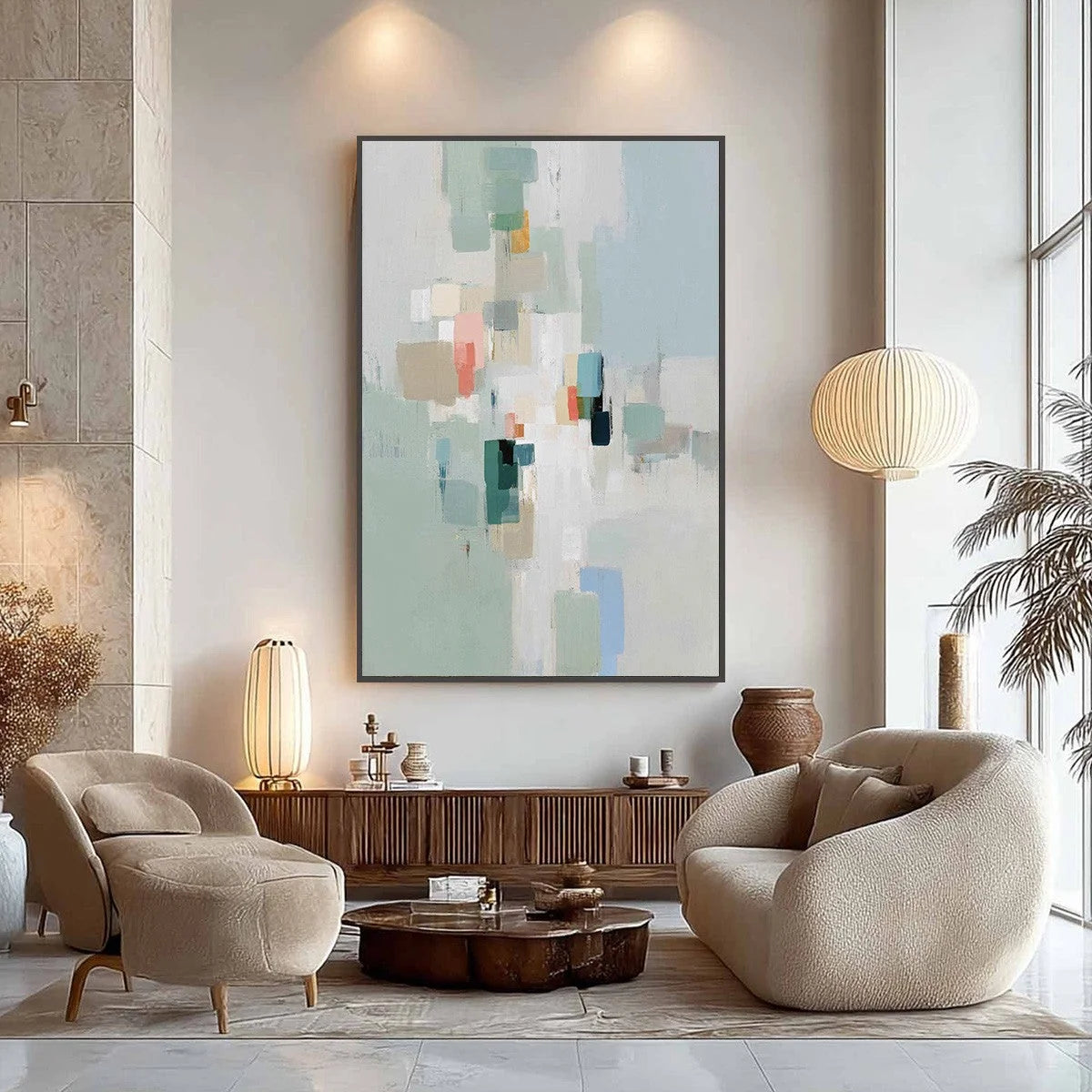 WHISPER: Minimalist Muted Tone Abstract Wall Art | black frame version on white wall
