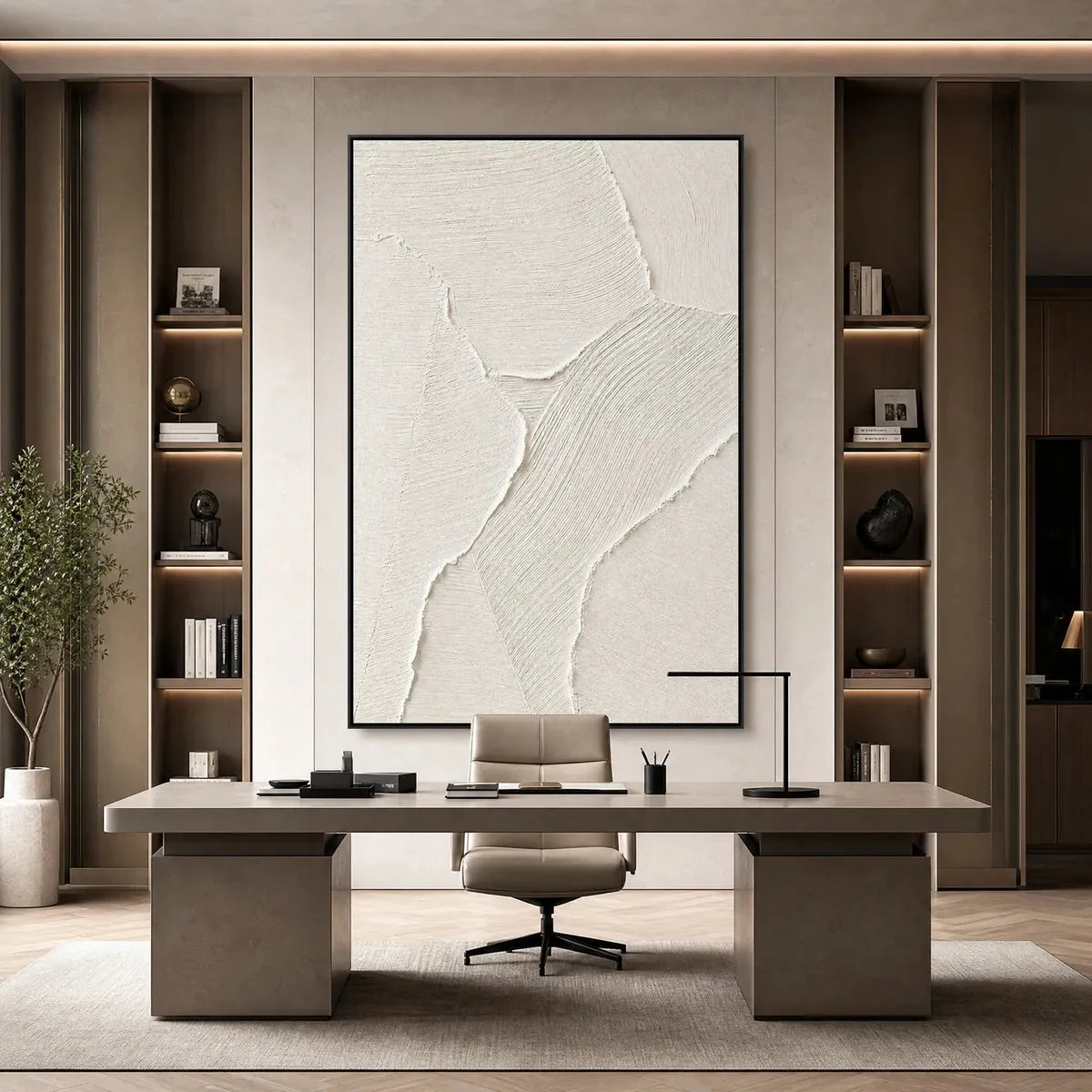 WHISPER: Wabi Sabi Style Textured Abstract Painting | gold frame stretched on neutral wall