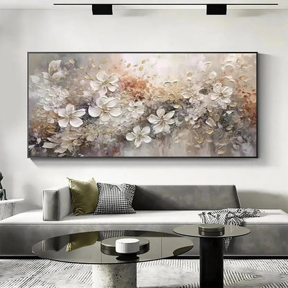 WHISPERING BLOSSOMS: Textured Beige and White Floral Impasto Painting | Abstract closeup, raised brushwork detail