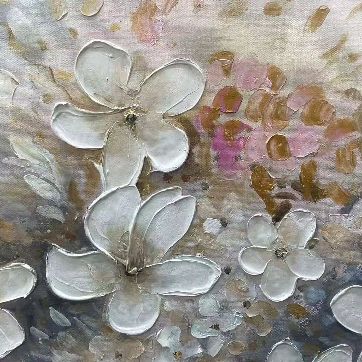 WHISPERING BLOSSOMS: Textured Beige and White Floral Impasto Painting | rectangular format, hand-painted canvas edge