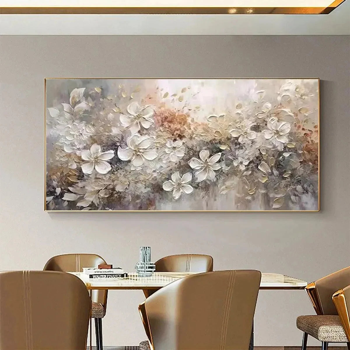 WHISPERING BLOSSOMS: Textured Beige and White Floral Impasto Painting | gold frame stretched on neutral wall